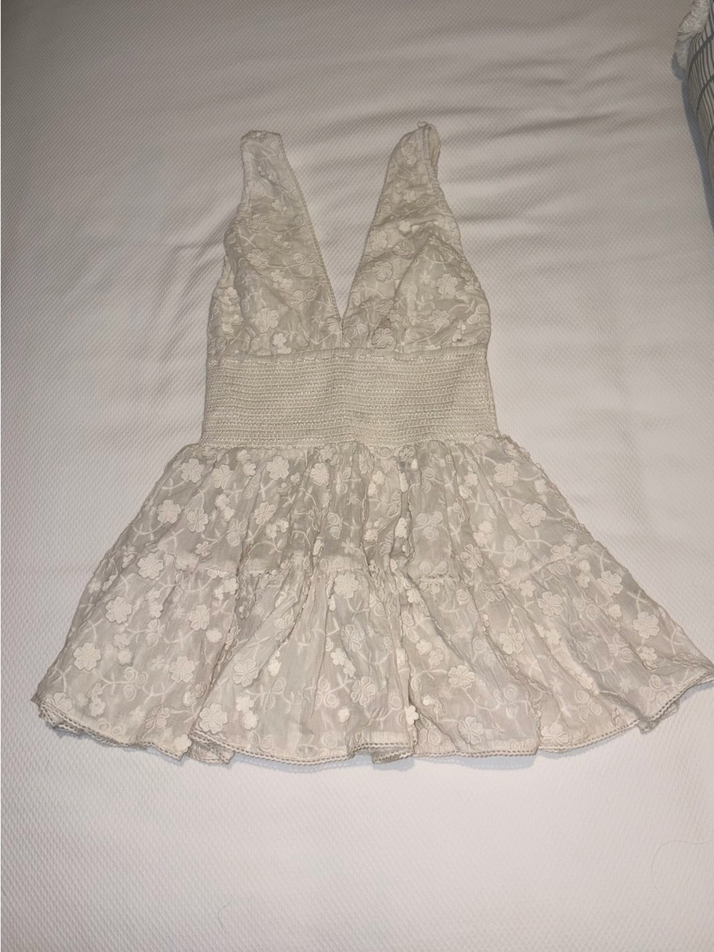 Ivory Floral Lace V-Neck Tiered Mini Dress